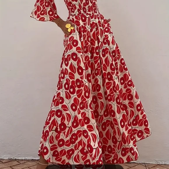 Beautiful boho maxi dress with 3/4 sleeve,  off shoulder, ruched top, full skirt - Picture 5 of 12